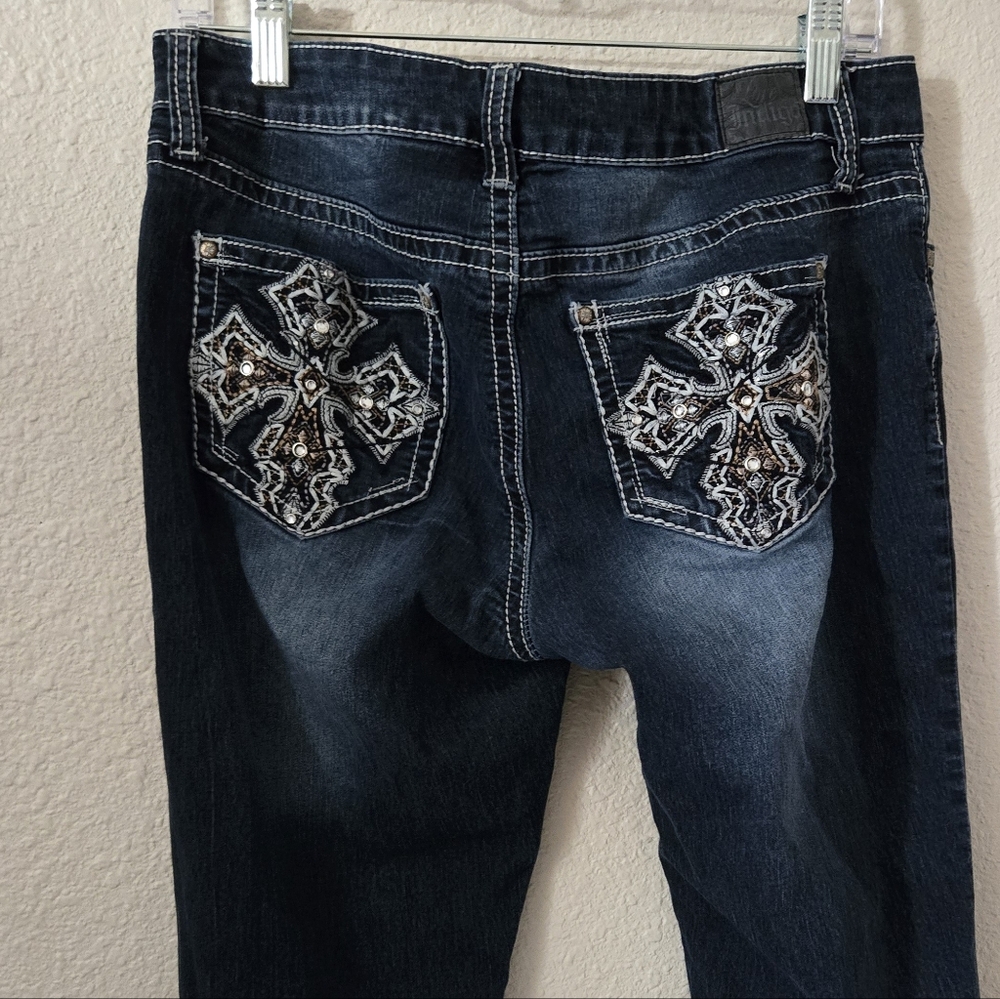 Grace in LA Dark Blue Embroidered Boot Cut Jeans